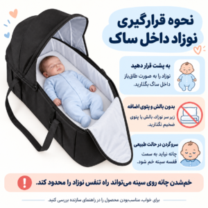 نحوه قرارگیری نوزاد داخل ساک نوزاد همیشه باید به صورت طاق باز (به پشت) در ساک قرار گیرد. استفاده از بالشت های اضافی یا پتوی ضخیم در زیر سر نوزاد که باعث خم شدن چانه به سمت قفسه سینه می شود، به هیچ عنوان توصیه نمی شود. متخصصان اطفال تأکید دارند که این وضعیت می تواند راه هوایی نوزاد را محدود کند. 